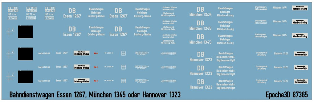 Beschriftungssatz für Bahndienstwagen Essen 1267, München 1345 oder Hannover 1323 der DB, Epoche 3
