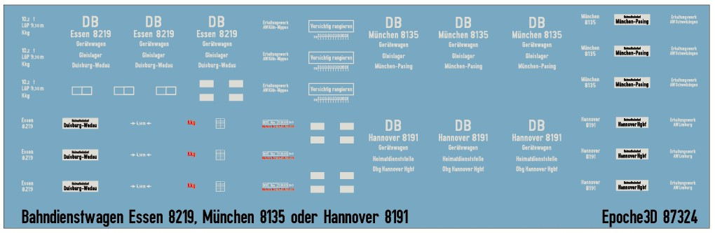 Beschriftungssatz für Bahndienstwagen Essen 8219, München 8135 oder Hannover 8191 der DB, Epoche 3