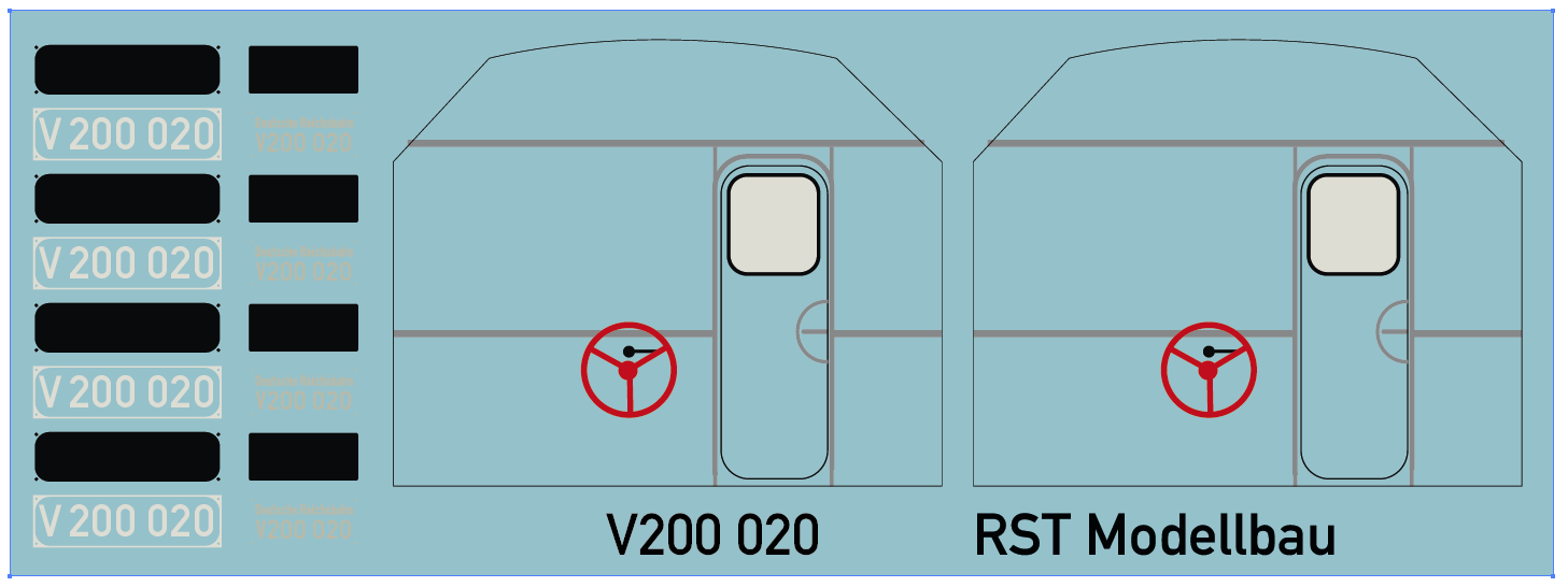 Naßschiebebild für Führerstandsrückwand und Lokschilder für Piko V200 (Spur H0)