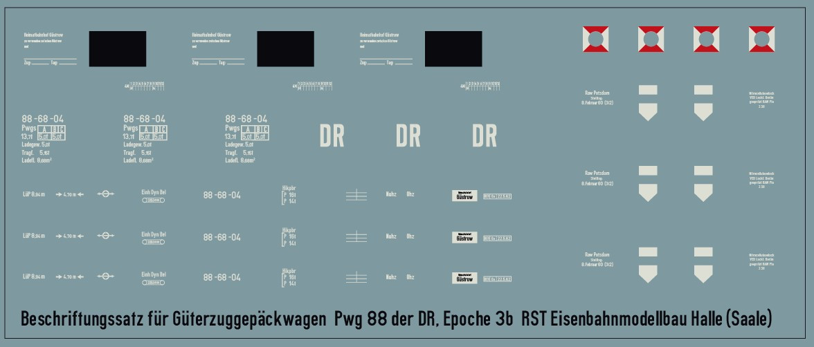 Beschriftungssatz für Güterzuggepäckwagen Pwg 88, 88-68-04 der DR, Epoche 3b