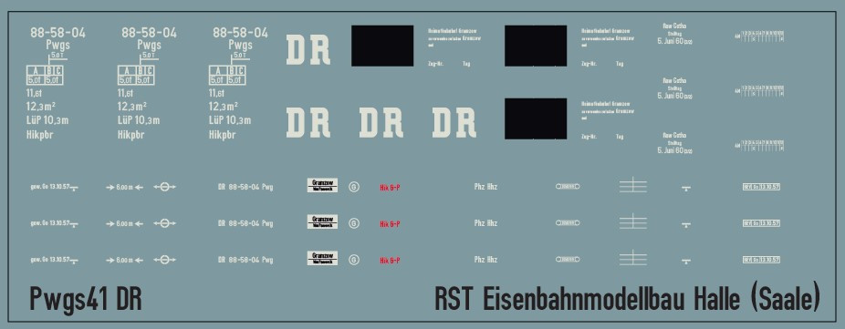 Beschriftungssatz für Güterzuggepäckwagen Pwgs41, 88-58-04 der DR, Epoche 3