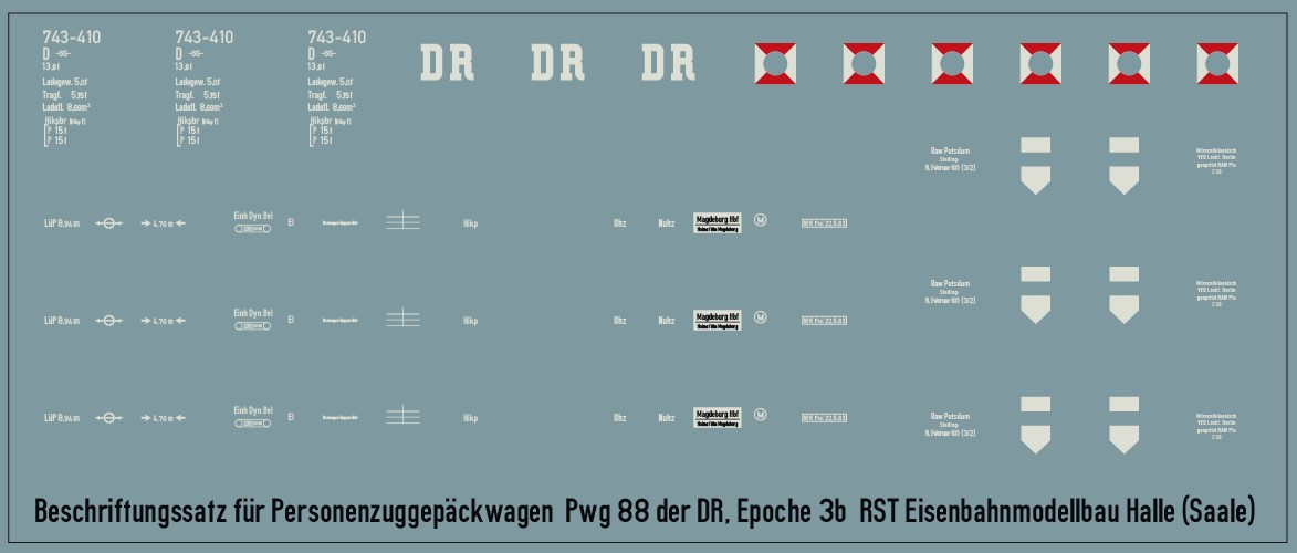 Beschriftungssatz für Personenzuggepäckwagen D (Pwg 88), 743-410 der DR, Epoche 3b