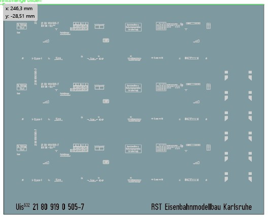 Beschriftungssatz für Tiefladewagen Uis632 21 80 919 0 505-7 der DB, Epoche 4